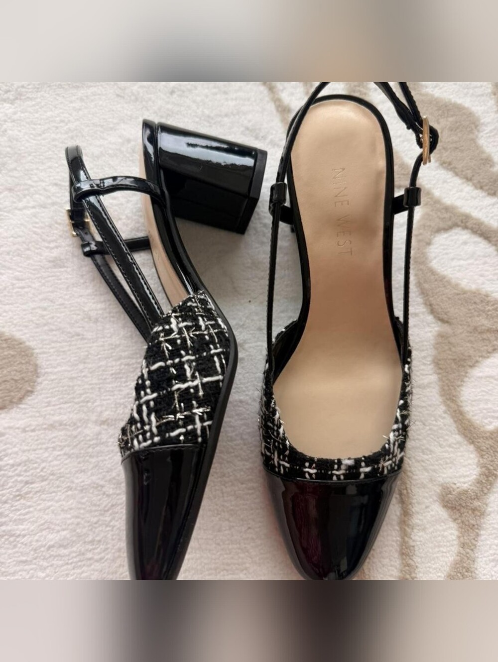 Nine West Black Patent & Tweed Slingback Block Heels